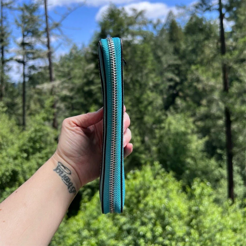 COACH Long Zip-Around Teal Blue Pebble Leather Wallet Silver Hardware AUTHENTIC